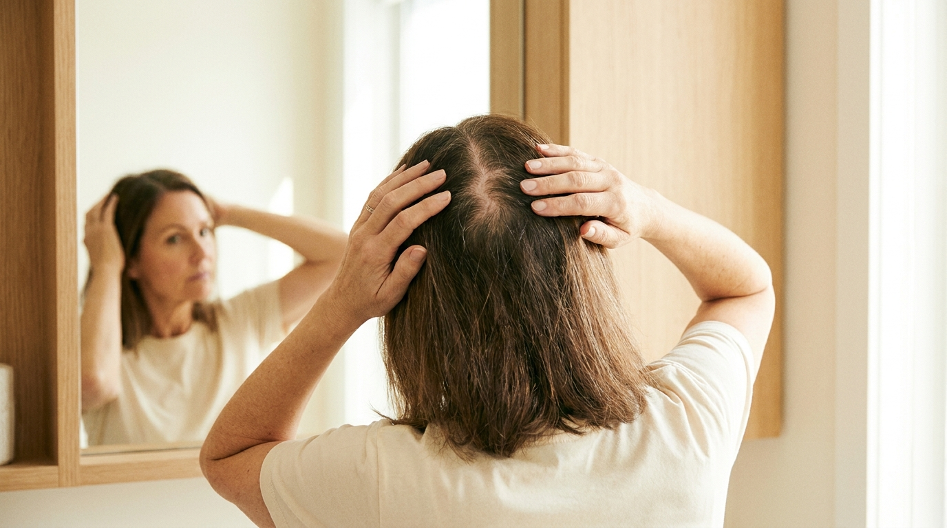 Mujer observando la densidad de su pelo en la raya central, señal de alopecia femenina