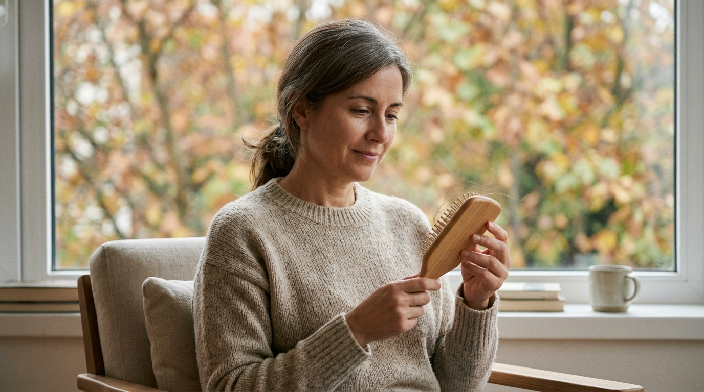 Mujer observando la caída del pelo en otoño en el cepillo junto a la ventana