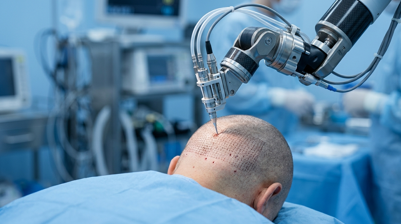 Brazo robótico de extracción folicular durante un injerto capilar robotizado