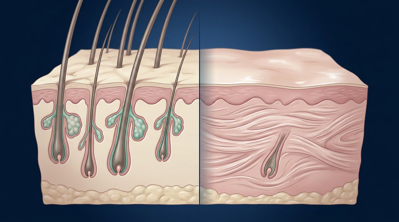 Corte del cuero cabelludo: a la izquierda, folículos presentes de una alopecia no cicatricial; a la derecha, fibrosis sin folículos de una alopecia cicatricial
